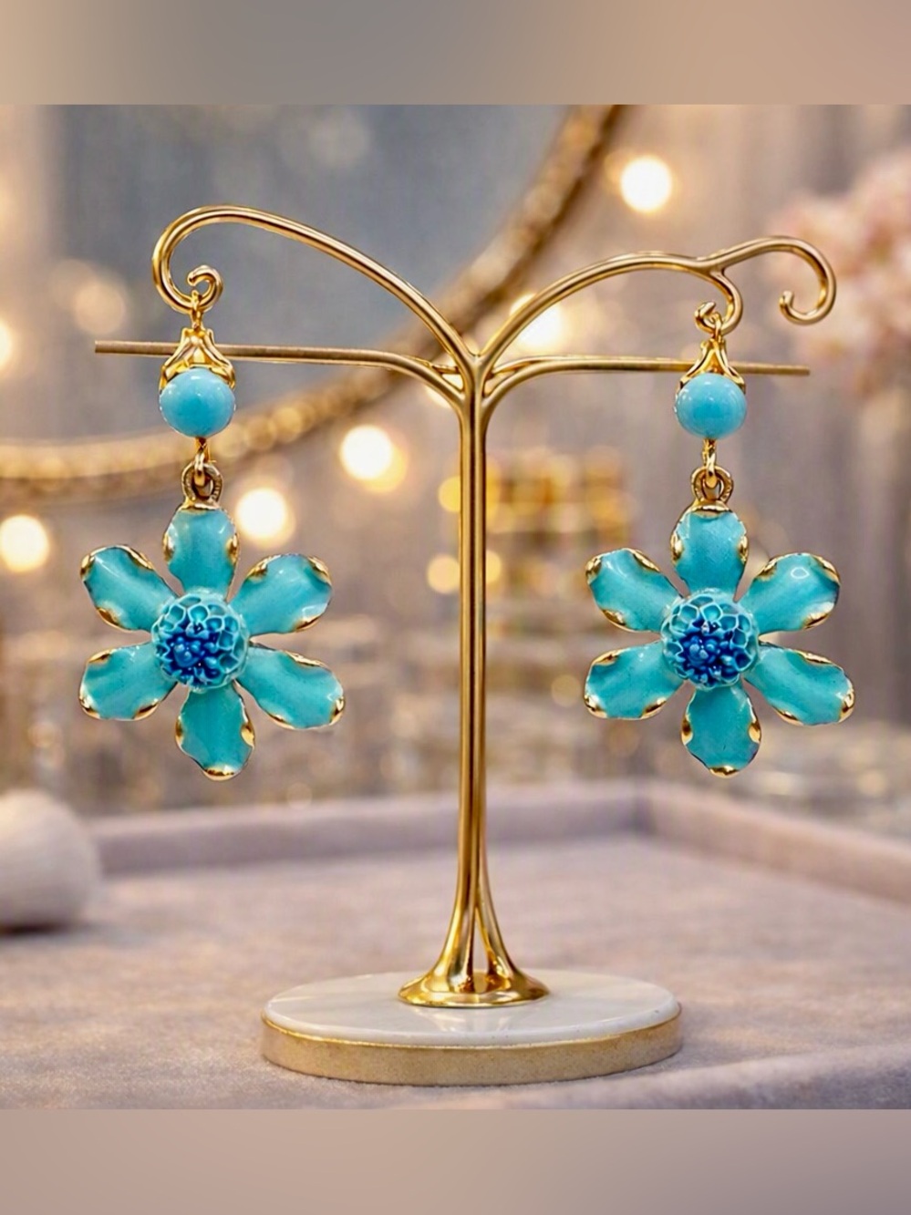 Charming Vintage Signed Albert Weiss Sky Blue Enamel & Gold Floral Drop Earrings